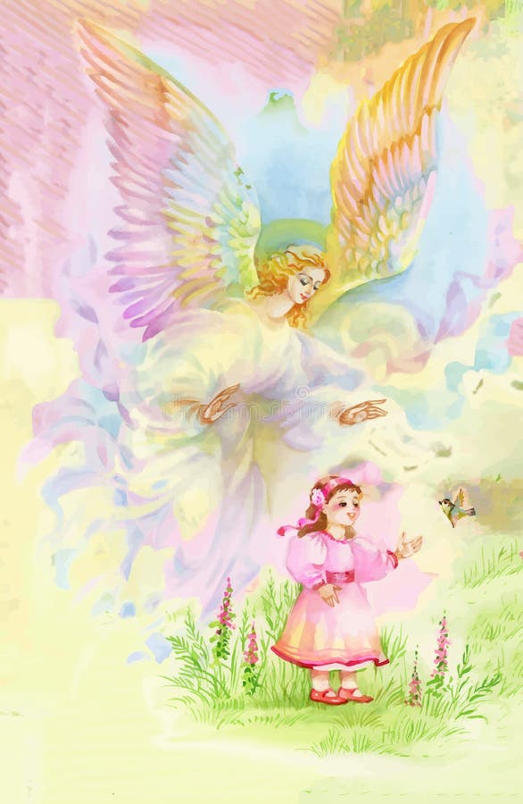 Ángel hermoso con las alas que vuelan sobre el niño, ejemplo de la acuarela ilustración del vector Ángel hermoso con las alas que vuelan sobre el niño, ejemplo de la acuarela ilustración del vector