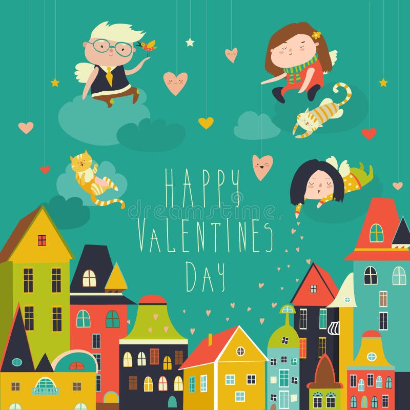 Ángeles lindos que celebran día de tarjetas del día de San Valentín ilustración del vector Ángeles lindos que celebran día de tarjetas del día de San Valentín ilustración del vector