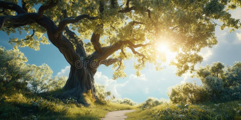Árbol antiguo majestuoso que descansa a la luz del sol con vegetación exuberante y sendero sereno fotografía de archivo libre de regalías