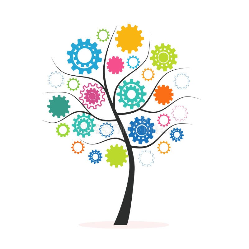 Árbol colorido del concepto industrial de la innovación hecho de vector de los dientes y de los engranajes stock de ilustración Árbol colorido del concepto industrial de la innovación hecho de vector de los dientes y de los engranajes stock de ilustración