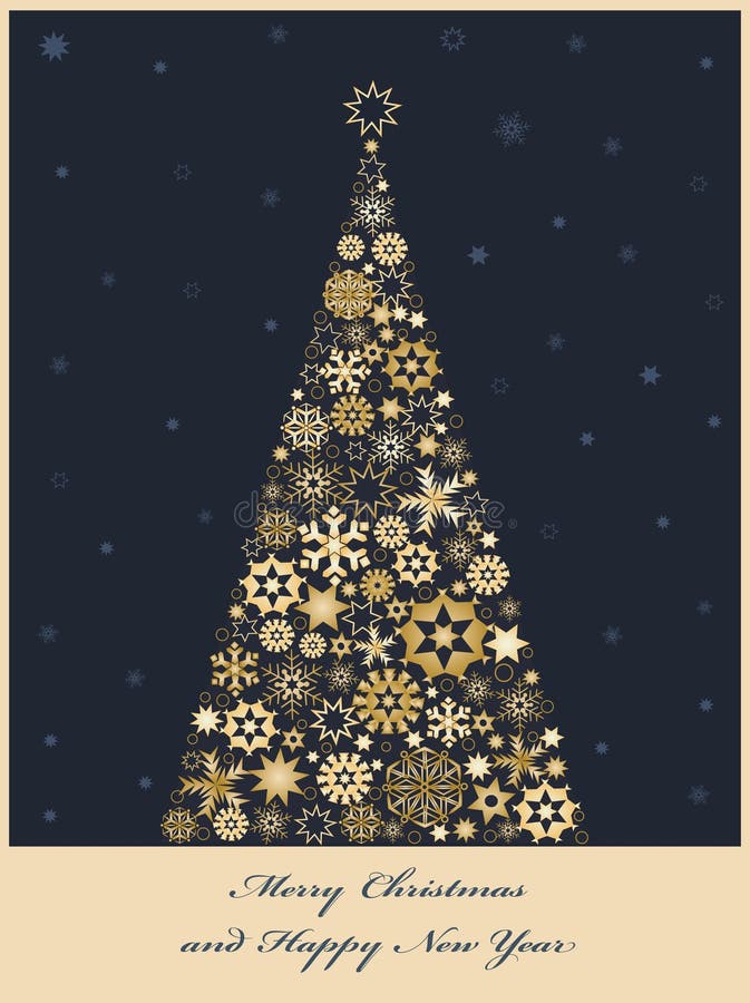 Árbol de abeto de los copos de nieve de oro stock de ilustración
