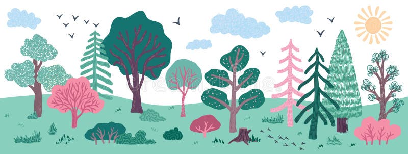 Árbol de corte. Dibujo manual de pintura del bosque de primavera dibujo dibujos abstractos dibujos del jardín de verano o dibujo d ilustración del vector
