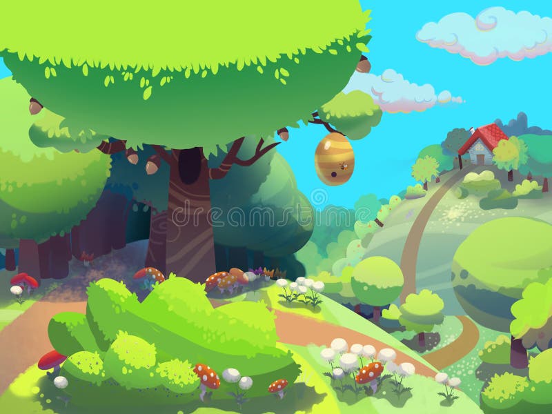 Árbol de la abeja en el bosque cerca de la casa de la abuelita dibujada en estilo de la historieta libre illustration Árbol de la abeja en el bosque cerca de la casa de la abuelita dibujada en estilo de la historieta libre illustration
