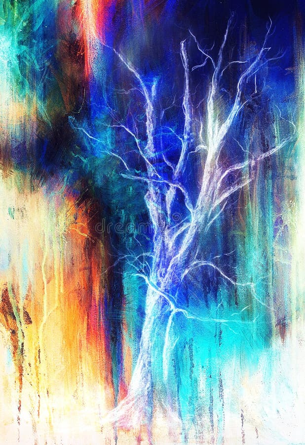 Árbol de la pintura en paisaje de la noche y fondo abstracto del grunge con los puntos, drenaje original de la mano y collage del ilustración del vector Árbol de la pintura en paisaje de la noche y fondo abstracto del grunge con los puntos, drenaje original de la mano y collage del ilustración del vector