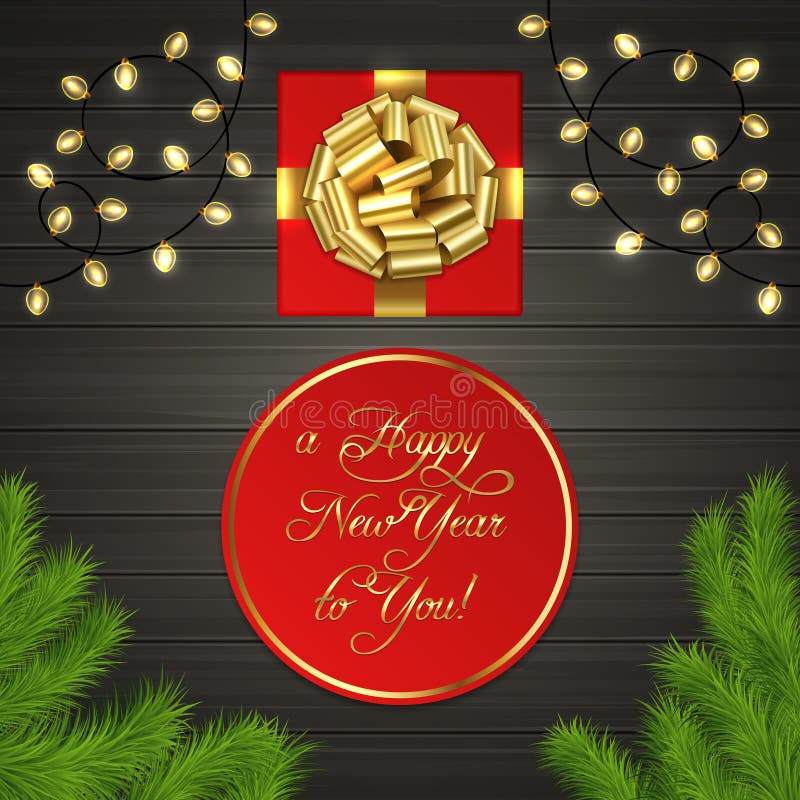 Árbol de navidad, caja de regalo, guirnalda, arco de la cinta del oro ilustración del vector Árbol de navidad, caja de regalo, guirnalda, arco de la cinta del oro ilustración del vector