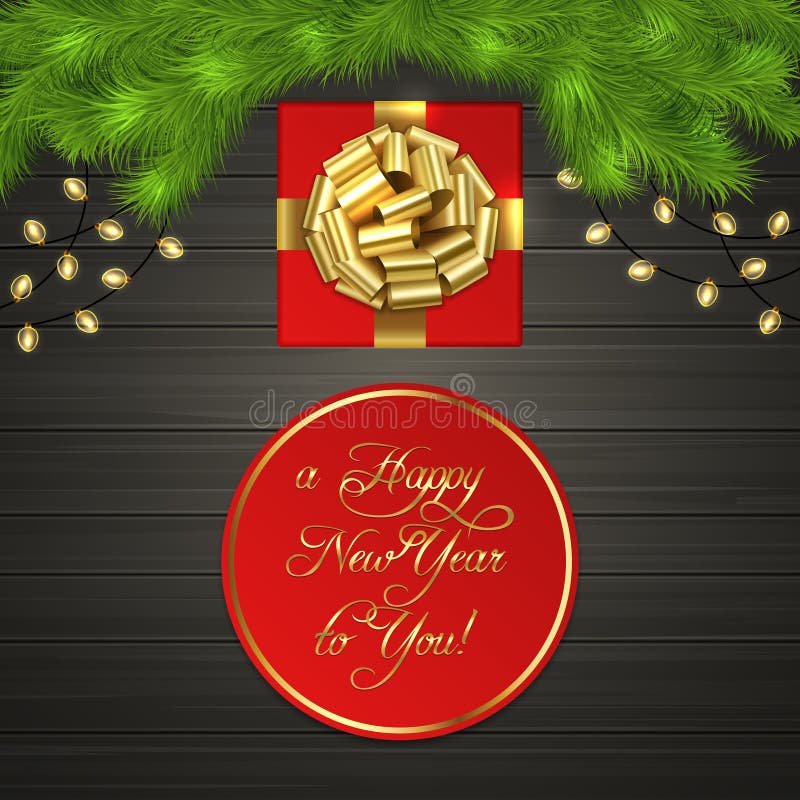 Árbol de navidad, caja de regalo, guirnalda, arco de la cinta del oro stock de ilustración Árbol de navidad, caja de regalo, guirnalda, arco de la cinta del oro stock de ilustración