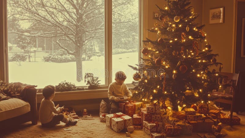 árbol de navidad con adornos clásicos latas de caramelo y oropa niños abriendo regalos en una acogedora casa de los años 50. navidad. generado por ai