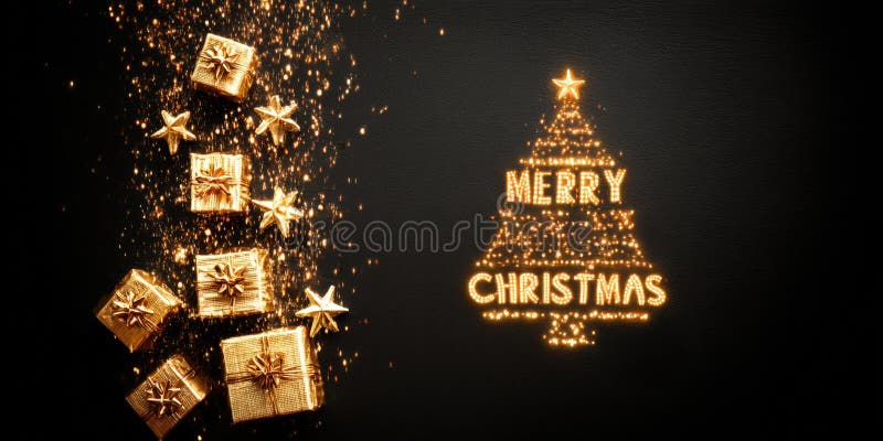 Árbol de Navidad construido con cajas de regalo de oro y plata apiladas sobre fondo blanco. foto de archivo