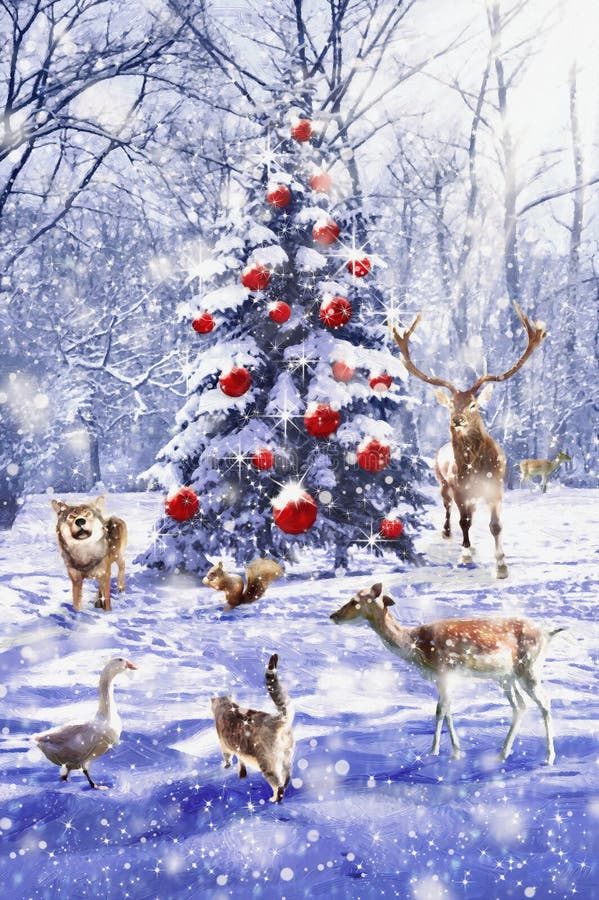 Christmas tree. Xmas scene with animals. Illustration in oil painting style. Christmas tree. Xmas scene with animals. Illustration in oil painting style