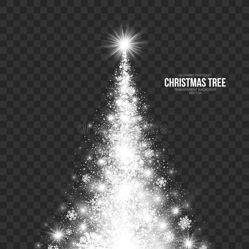 Stylized Christmas Tree on Transparent Background Vector Illustration. Abstract bright white shimmer glowing scatter falling round particles, lights and snowflakes. Stylized Christmas Tree on Transparent Background Vector Illustration. Abstract bright white shimmer glowing scatter falling round particles, lights and snowflakes