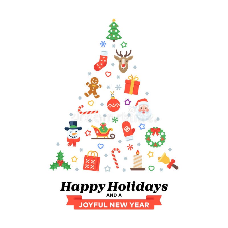 Árbol de navidad de pictogramas estacionales planos con buenas fiestas la inscripción ilustración del vector Árbol de navidad de pictogramas estacionales planos con buenas fiestas la inscripción ilustración del vector