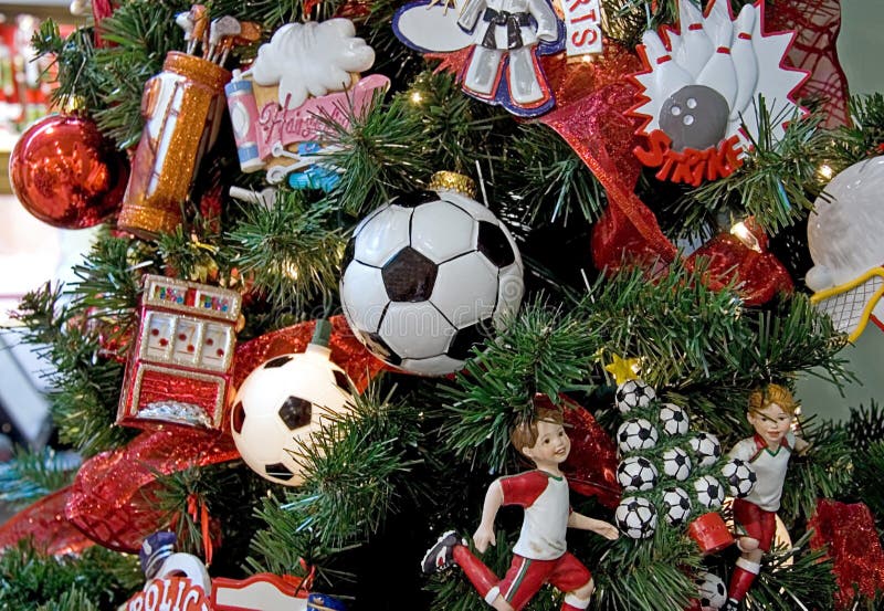 This Christmas tree has a sports theme going, with soccer being the main point, with soccer ball lights. This Christmas tree has a sports theme going, with soccer being the main point, with soccer ball lights.