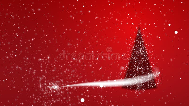 Árbol de Navidad, ventisca, estrellas, nevada El fondo es rojo con estrellas y nieve
