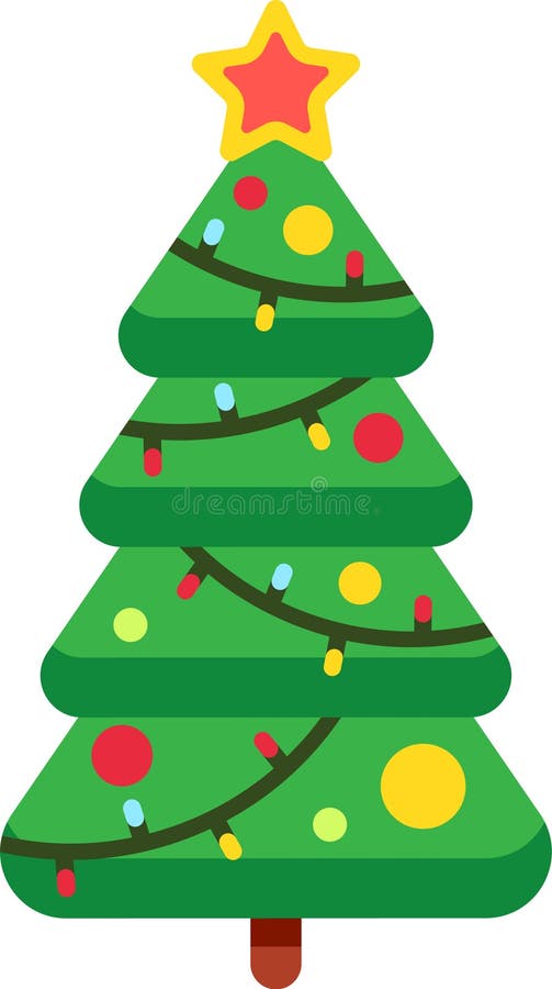 árbol de navidad verde estilizado con luces de colores y baubles y una estrella roja y amarilla en la cima celebrando navidades stock de ilustración