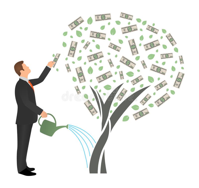 Árbol de riego y alcances del dinero del hombre de negocios plano del vector para el dólar Concepto de ingresos por inversiones a ilustración del vector Árbol de riego y alcances del dinero del hombre de negocios plano del vector para el dólar Concepto de ingresos por inversiones a ilustración del vector