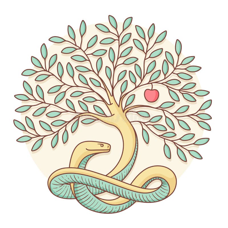 Árbol del conocimiento del el bien y el mal con la serpiente y la manzana Diseño colorido Ilustración del vector
