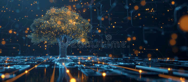 árbol digital con nodos brillantes y conexiones en banner de fondo azul con espacio de copia. concepto de ciencia de datos imagen de archivo libre de regalías