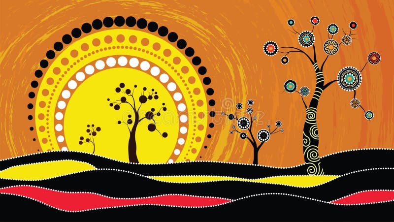 Árbol en la colina, árbol aborigen, pintura aborigen del vector del arte con el árbol y sol Ejemplo basado en el estilo aborigen libre illustration Árbol en la colina, árbol aborigen, pintura aborigen del vector del arte con el árbol y sol Ejemplo basado en el estilo aborigen libre illustration