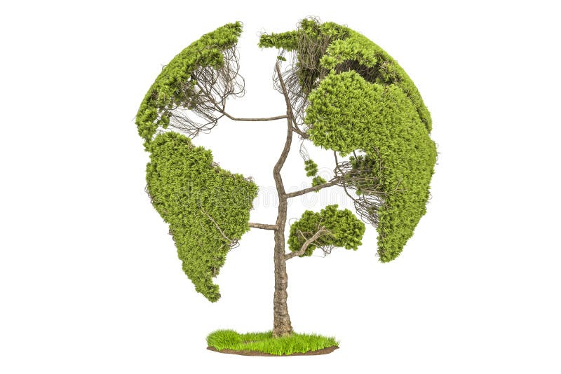 Árbol en la forma del globo de la tierra, concepto del ambiente 3d rinden