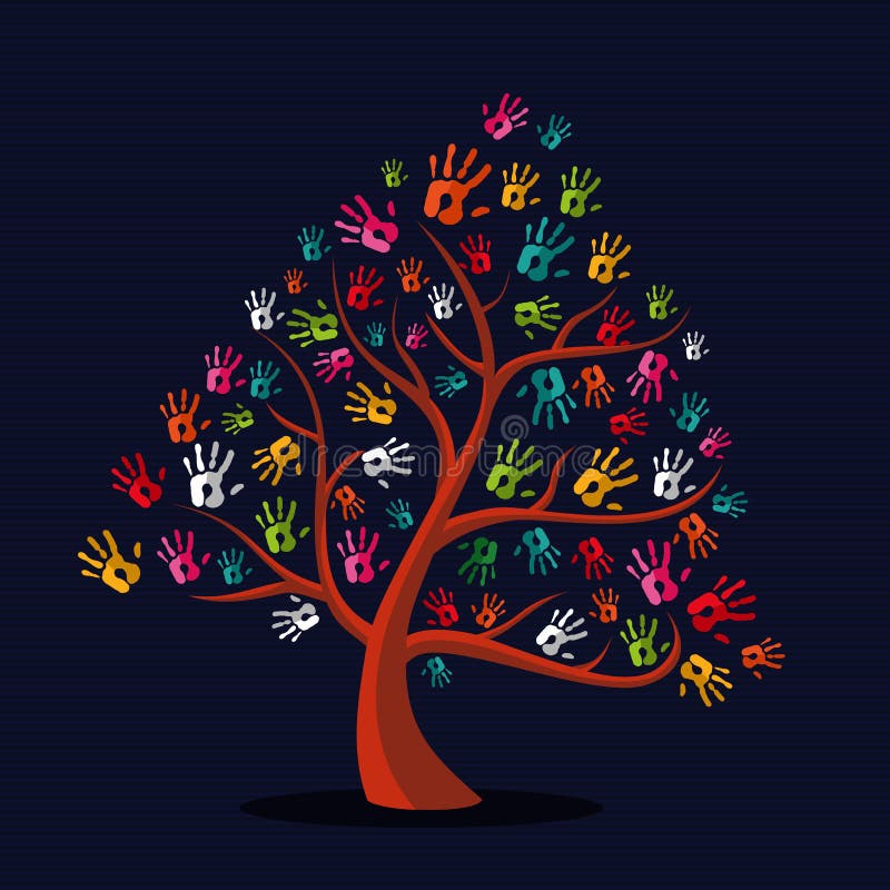 Árbol multi-étnico colorido de la impresión de la mano ilustración del vector Árbol multi-étnico colorido de la impresión de la mano ilustración del vector