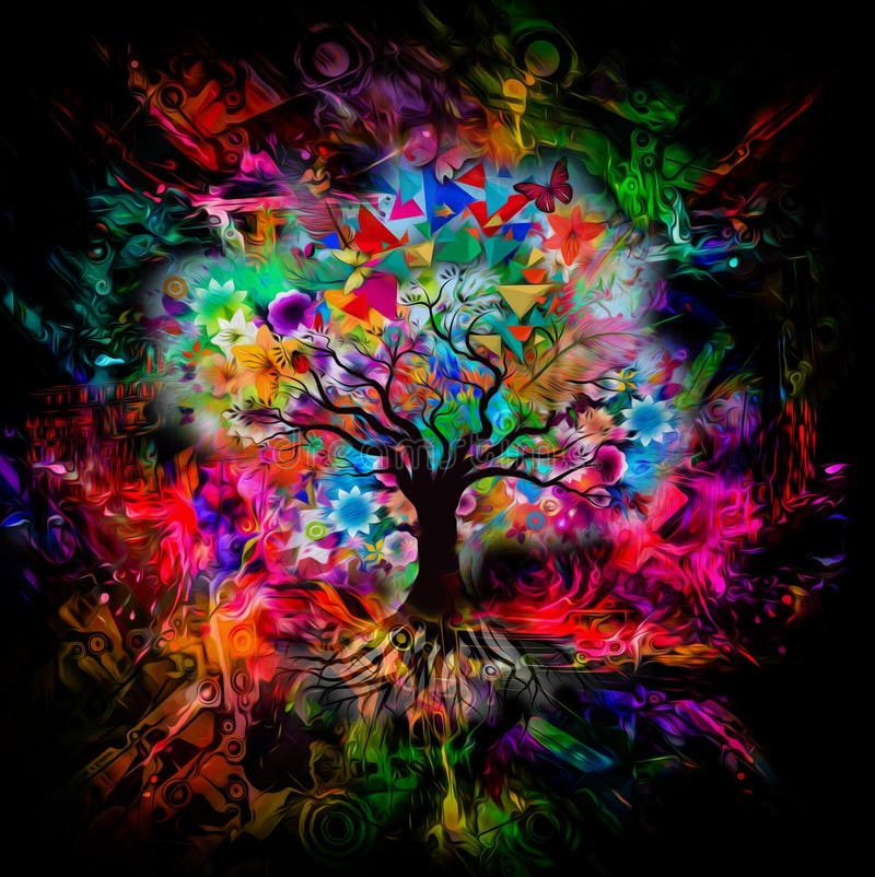 Árbol multicolor con las mariposas stock de ilustración