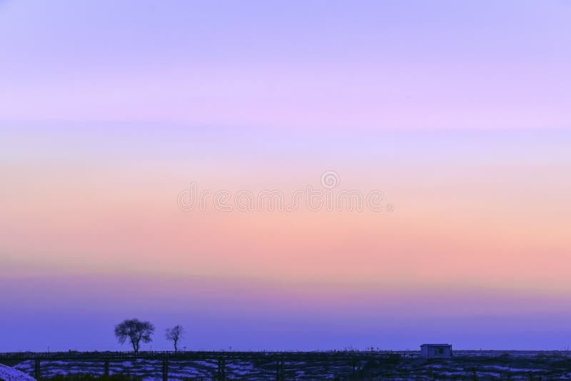 Árbol y casa debajo del cielo del color en invierno imagen de archivo libre de regalías Árbol y casa debajo del cielo del color en invierno imagen de archivo libre de regalías