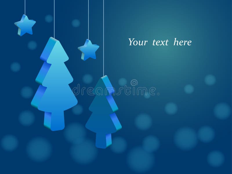 Árboles de navidad tridimensionales y estrellas que cuelgan en las secuencias, bokeh azul del fondo, lugar para el texto ilustración del vector Árboles de navidad tridimensionales y estrellas que cuelgan en las secuencias, bokeh azul del fondo, lugar para el texto ilustración del vector