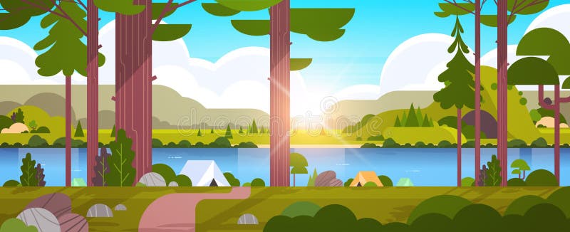 Tents camping area in forest summer camp concept sunny day sunrise landscape nature background with water mountains and hills flat horizontal vector illustration. Tents camping area in forest summer camp concept sunny day sunrise landscape nature background with water mountains and hills flat horizontal vector illustration