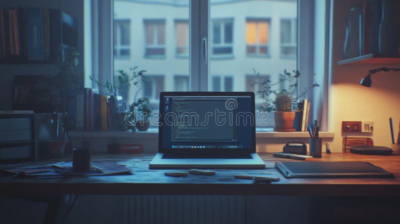 Área de Trabalho de Codificação de Laptop Visão da Cidade da Noite ilustração stock