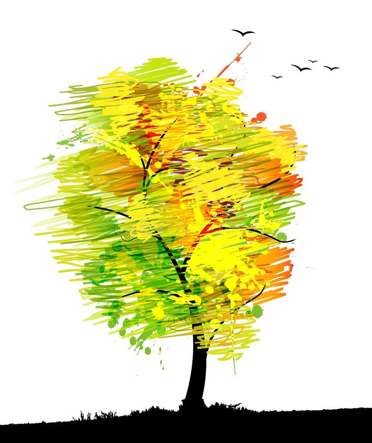 Árvore colorida outono com pássaros. ilustração stock Árvore colorida outono com pássaros. ilustração stock