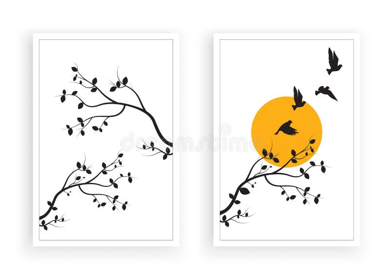 Árvore com aves voadoras silhuetas na lua cheia ou no pôr do sol, vetor, design de dois posters minimalista, Wall Decals
