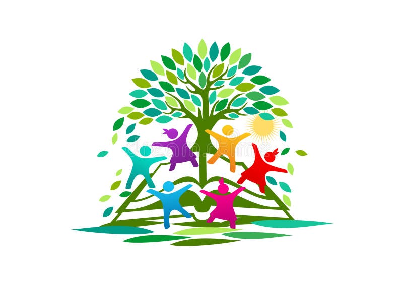 Árvore, conhecimento, logotipo, livro aberto, crianças, símbolo, projeto de conceito brilhante do vetor da educação Árvore, conhecimento, logotipo, livro aberto, crianças, símbolo, projeto de conceito brilhante do vetor da educação