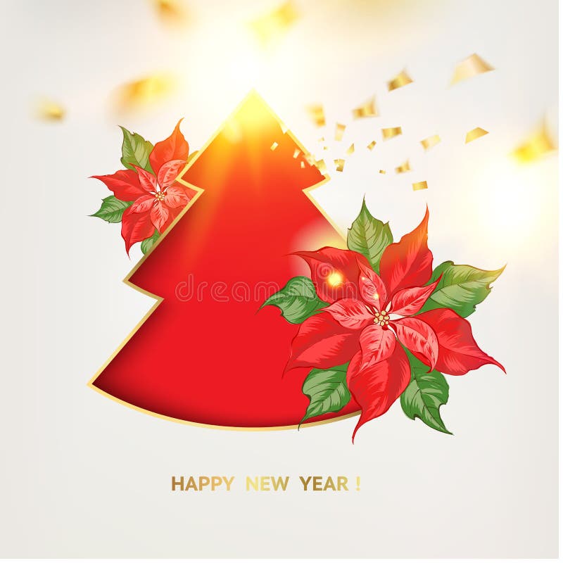 Árvore de abeto vermelha do Natal com flor do poisettia e confetes dourados no fundo ilustração do vetor Árvore de abeto vermelha do Natal com flor do poisettia e confetes dourados no fundo ilustração do vetor