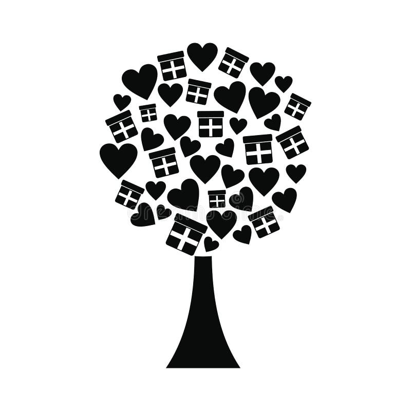 Árvore de amor com corações e ícone das caixas de presente ilustração do vetor Árvore de amor com corações e ícone das caixas de presente ilustração do vetor