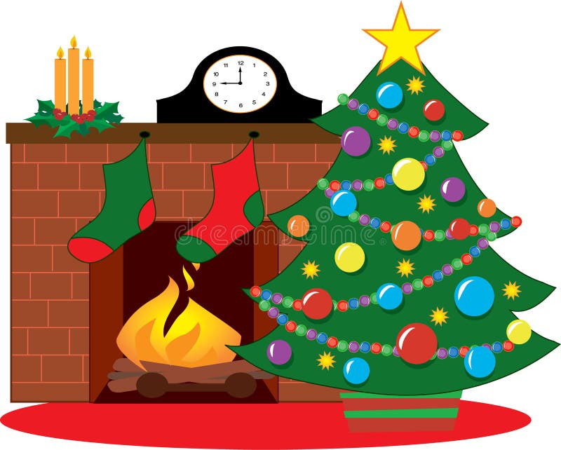 Christmas tree by a fireplace decorated with stockings. Christmas tree by a fireplace decorated with stockings