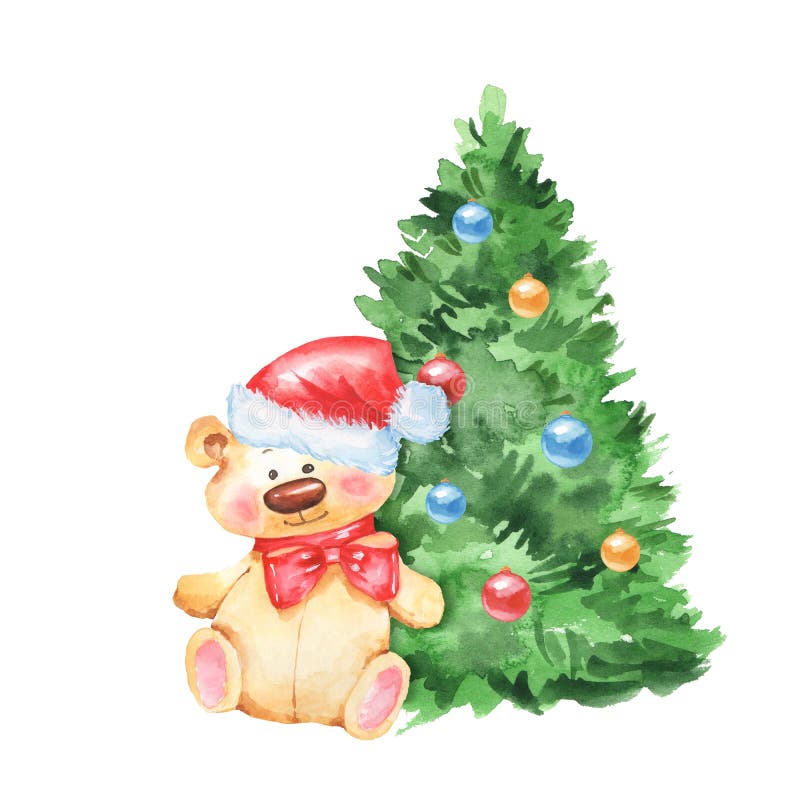 Árvore de Natal e urso de peluche ilustração stock