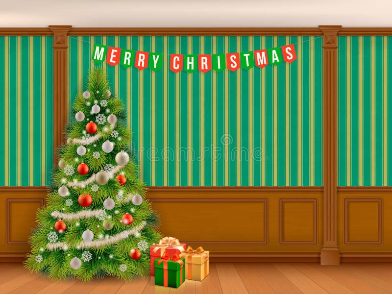 Árvore de Natal no armário com painéis de madeira ilustração do vetor Árvore de Natal no armário com painéis de madeira ilustração do vetor