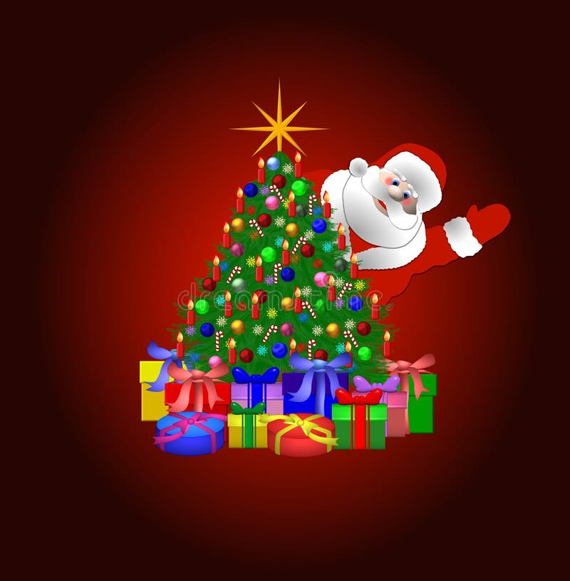 Colorful illustration of Santa Claus waving from behind a Christmas tree with presents underneath. Isolated on a red circular gradient background. Colorful illustration of Santa Claus waving from behind a Christmas tree with presents underneath. Isolated on a red circular gradient background.