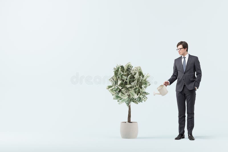 Árvore em um potenciômetro, sala azul do dólar, homem de negócios rendição 3d fotografia de stock Árvore em um potenciômetro, sala azul do dólar, homem de negócios rendição 3d fotografia de stock
