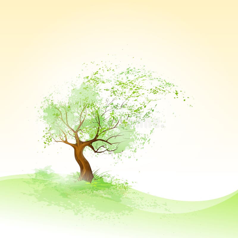 Árvore verde com folhas ao vento e casca castanha ilustração stock