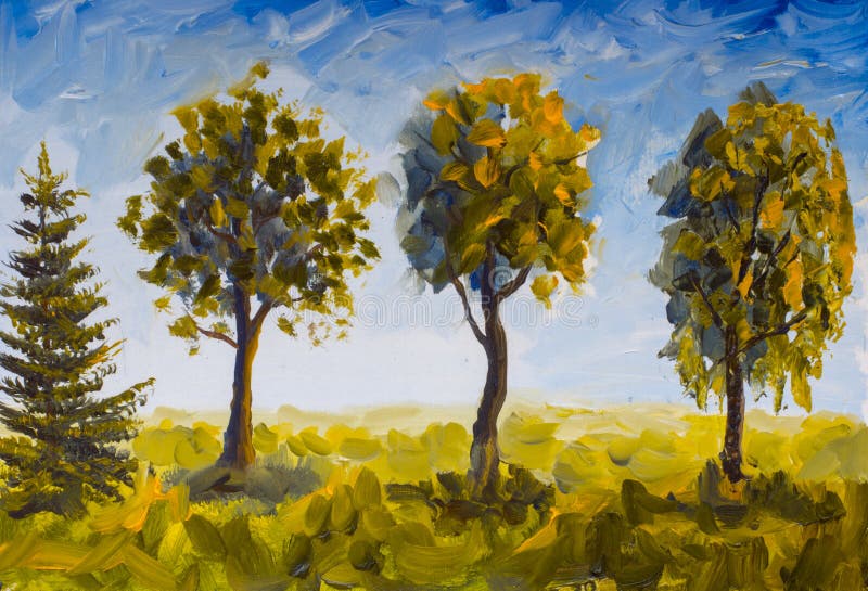 Árvores da pintura a óleo na grama verde contra o céu azul ilustração royalty free Árvores da pintura a óleo na grama verde contra o céu azul ilustração royalty free
