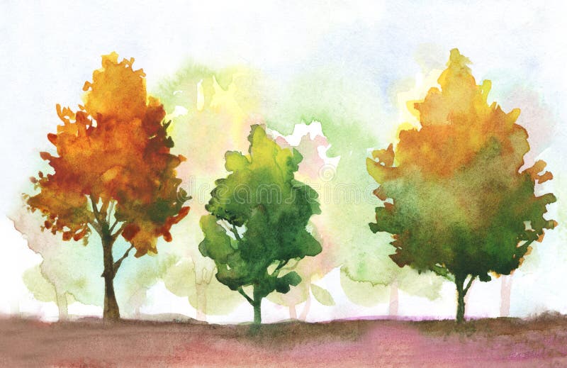 árvores de outono de aquarela. ilustração do tema do parque de outono com cor verde laranja. abstrato