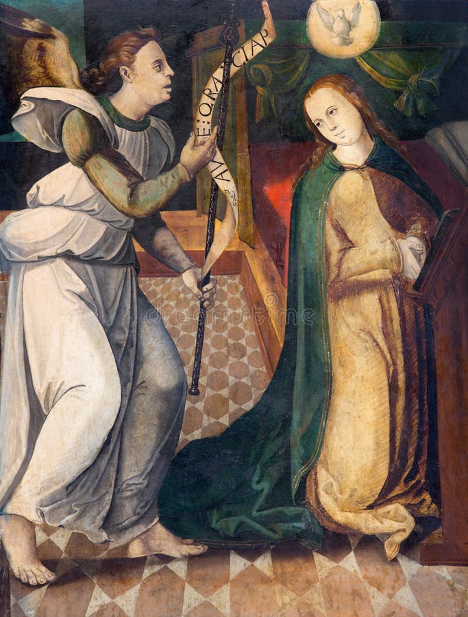 ÁVILA, ESPAÑA, ABRIL - 18, 2016: La pintura del anuncio del artista desconocido 15 centavo en Cathedral de Cristo Salvador fotos de archivo ÁVILA, ESPAÑA, ABRIL - 18, 2016: La pintura del anuncio del artista desconocido 15 centavo en Cathedral de Cristo Salvador fotos de archivo