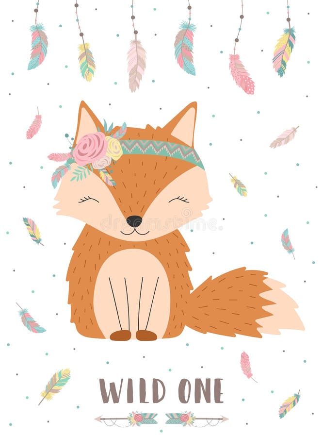 Ð¡ollection of hand-drawn boho cute fox with words Wild one. Background of feathers and polka dots. Vector by national american motifs for baby, cards, flyers, posters, prints, holiday. Ð¡ollection of hand-drawn boho cute fox with words Wild one. Background of feathers and polka dots. Vector by national american motifs for baby, cards, flyers, posters, prints, holiday