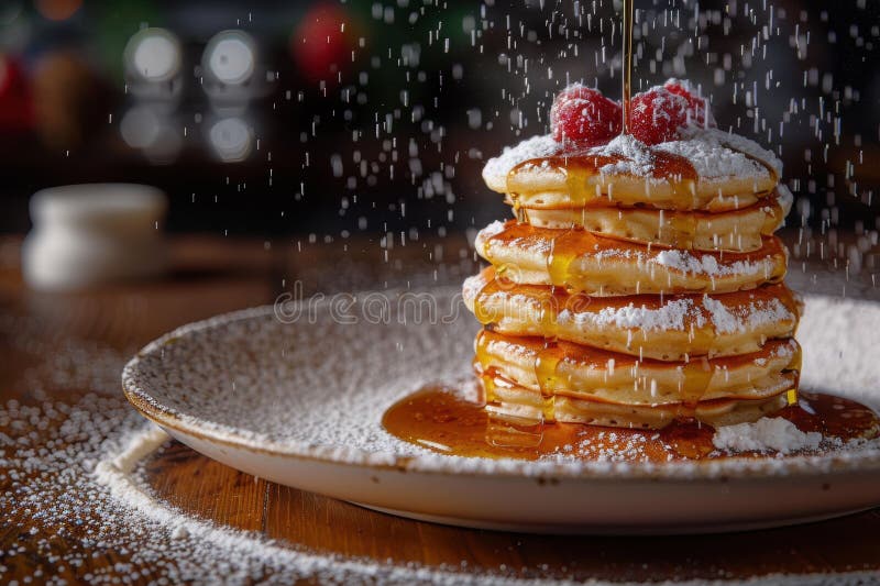 Ädelskorsten av pannkakor med sirap och pulver av socker royaltyfri illustrationer