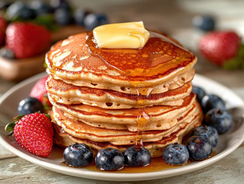 Ädelstackar av guldpannkakor med färsk frukt och lönnsirap stock illustrationer