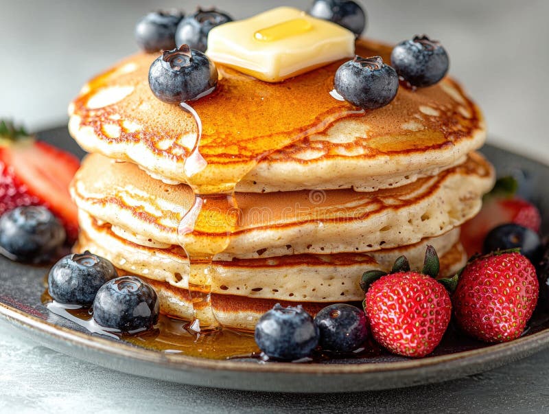 Ädelstackar av pannkakor med färska bär och lönnsirap royaltyfri illustrationer