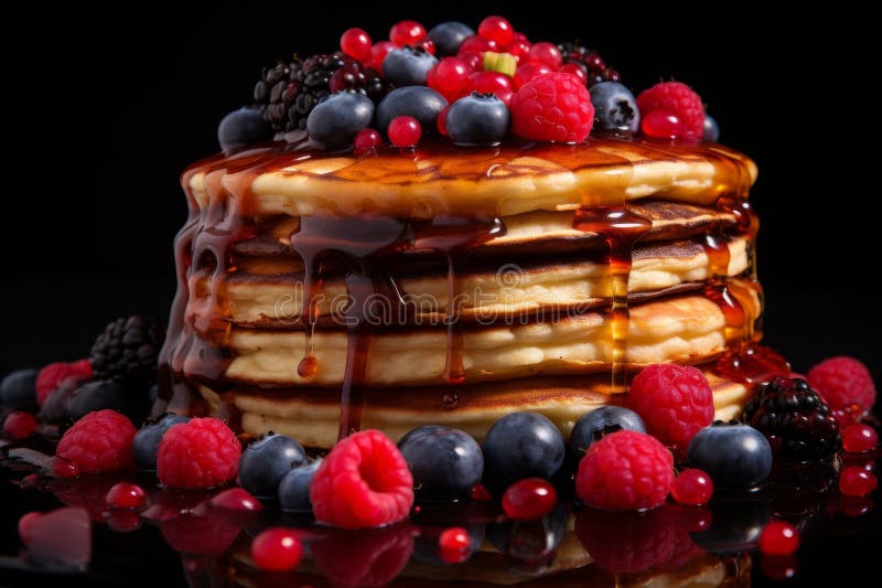 Ädelstackar av pannkakor, med färska bär och med sirap av lönnkärnor vektor illustrationer
