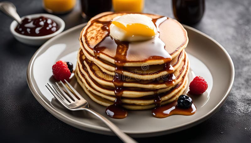 Ädelstackar av pannkakor med sirapssmör och bär royaltyfri illustrationer