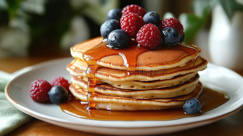 Ädelstackar av pannkakor som fyllts med färsk sockerrörssaft. pannkakor som är centrerade på köksbord av kökstyp. stark. ljust morgonljus tänder mat. Knivkniv för pitcher-gaffel eventuellt. ai genererad.